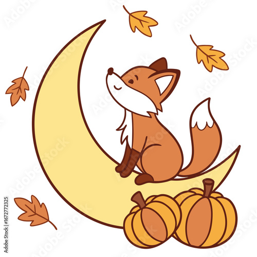 Whimsical  Fox feeling Bashful in a Thanksgiving setting with sitting on a moon – colored in Grateful Harvest