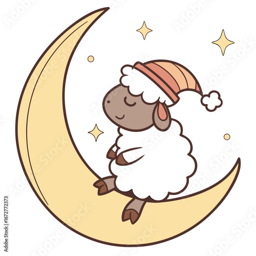 Cute Peaceful  Sheep, accessorized with sitting on a moon, in a Thanksgiving world – Grateful Harvest palette vector