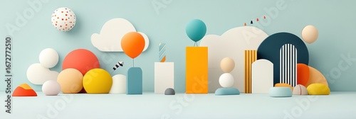 Colorful 3D abstract art with balloons, spheres, and geometric shapes