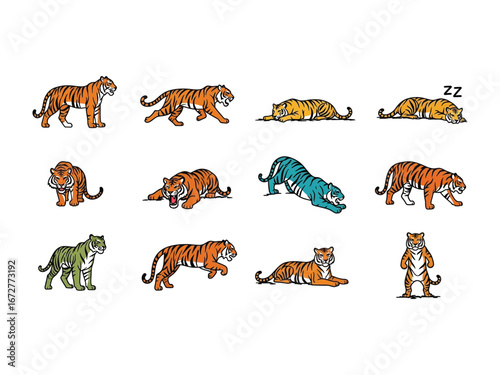 Tiger Collection: A set of vector illustrations showcase the tiger in various dynamic poses, each meticulously crafted to highlight the tiger's powerful and graceful form.