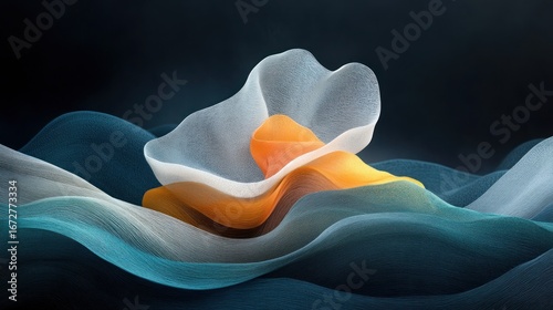 Abstract artwork featuring flowing, translucent forms in teal, white, and orange hues