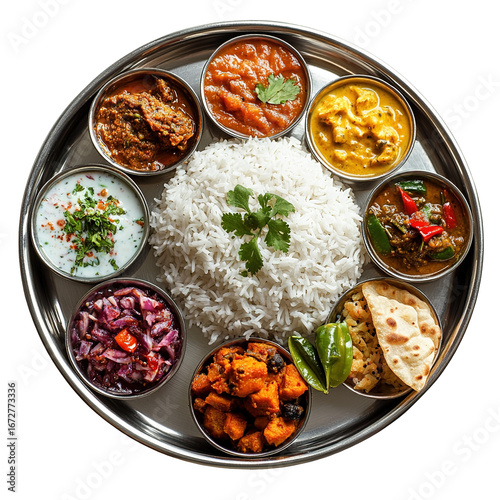 Top view of north indian thali with paneer masala and salad roti isolated on white background with clipping path