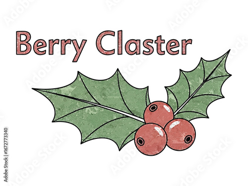 Festive Berry Cluster: A watercolor-style illustration showcases a vibrant berry cluster, with deep red berries nestled amidst lush green holly leaves, perfect for holiday designs.