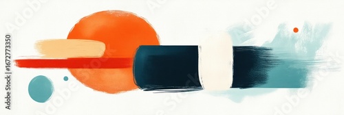 Abstract art with orange, teal, and red shapes