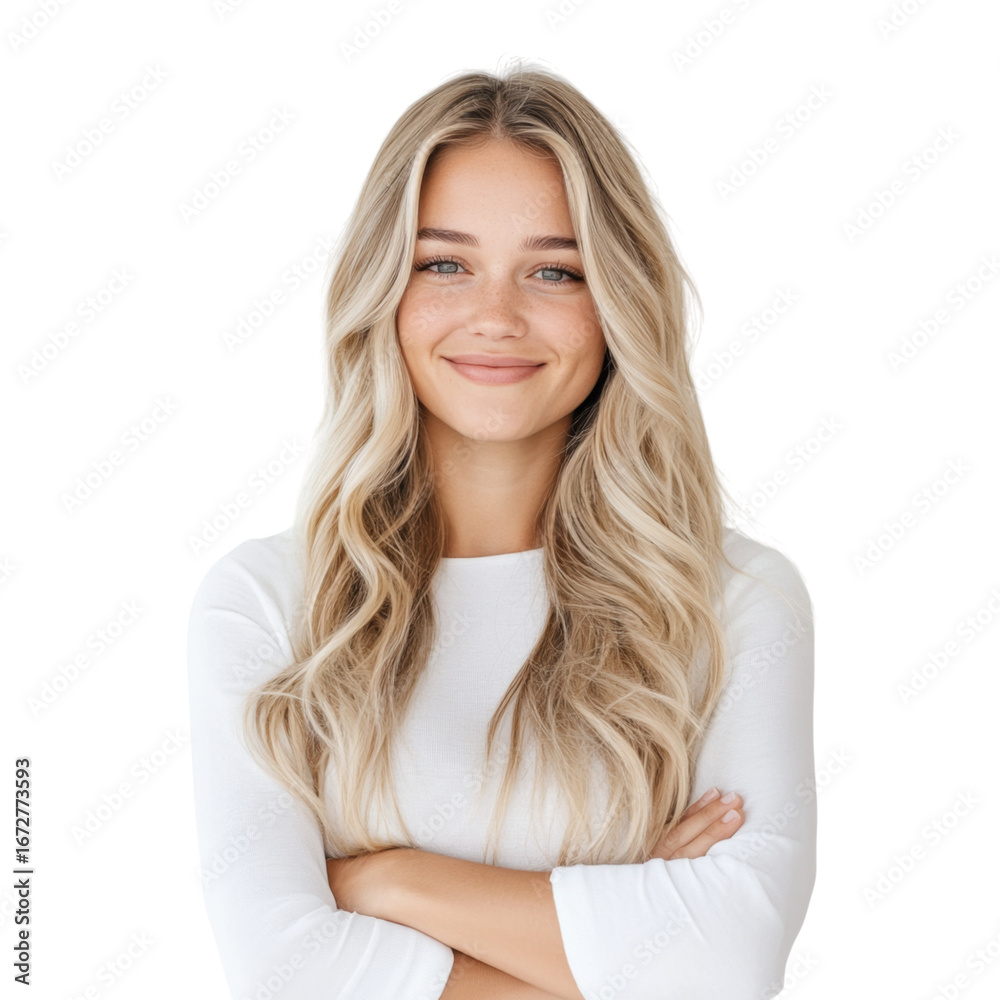 Naklejka premium Confident woman, blonde hair, long hairstyle, white shirt, smiling, arms crossed, isolated