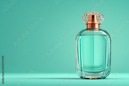 Clear glass perfume bottle on teal background (1)