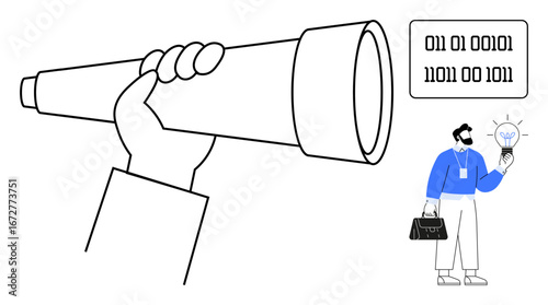 Hand holding telescope focusing on innovation. Man holding lit bulb, binary code text in speech bubble. Ideal for future planning, technology, innovation, vision, leadership, creativity exploration