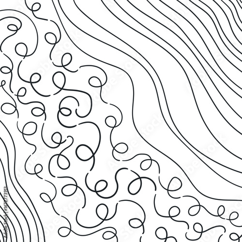 Line art with wavy diagonal lines and curls.