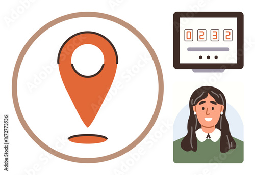 Orange location marker, smiling female avatar with long hair, and digital counter on monitor screen. Ideal for navigation, user profiles, online metrics, interaction analysis, data tracking