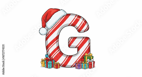 Alphabet letters in the christmas theme christmas vector christmas letter g with santa hat candy cane stripes and gifts for holiday season festive design element 100