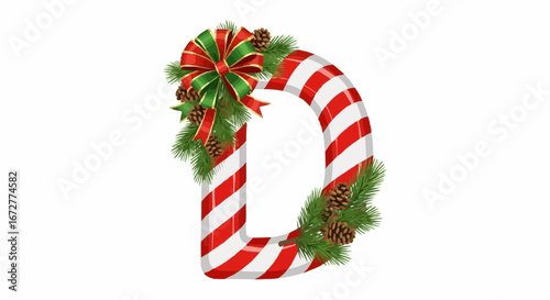 Alphabet letters in the christmas theme christmas vector christmas candy cane letter d with festive holiday bow pine cones and evergreen branches decoration vector art