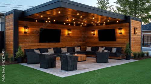 Outdoor lounge area with wood walls, string lights, and comfortable seating
