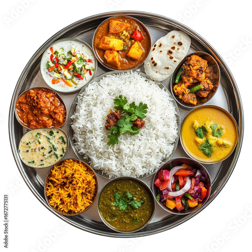 Top view of north indian thali with paneer masala and salad roti isolated on white background with clipping path