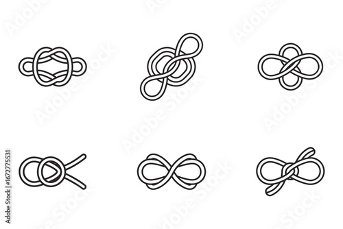 Collection of six different knot designs and rope tying techniques in a row on white background for educational or creative projects