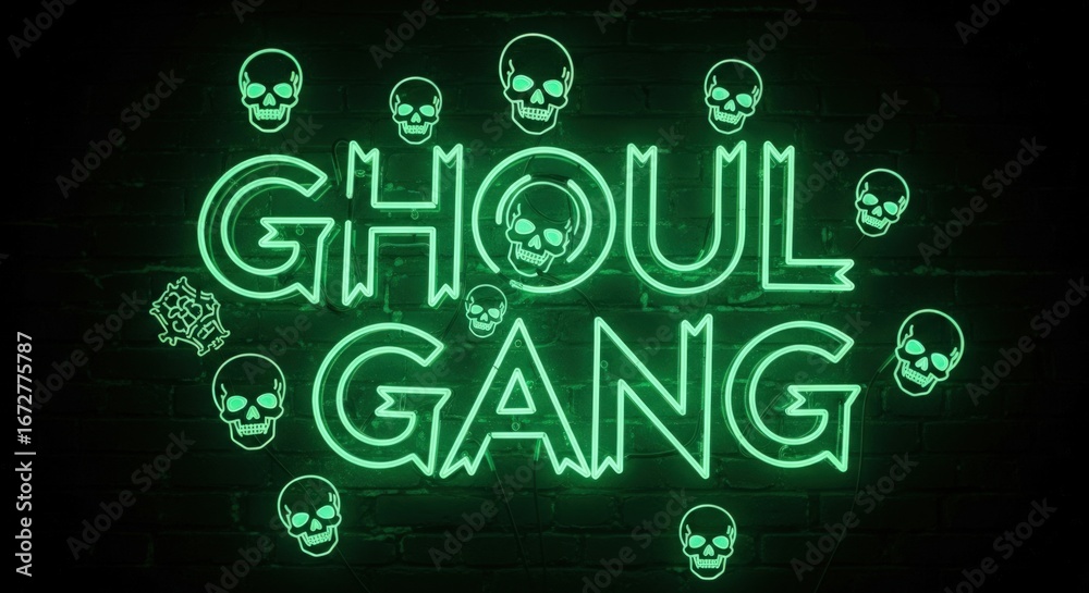 Naklejka premium Vibrant green neon 'Ghoul Gang' text with skulls on a brick wall