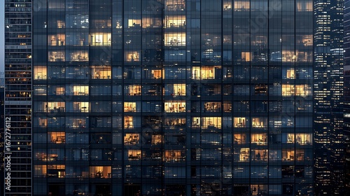 Stunning glass skyscrapers reflecting city buildings during sunset horizon image
