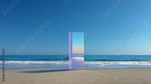 Rectangle mirror on beach reflecting sky & ocean