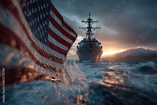Military ship sailing at sunset with American flag waving in the foreground near ocean waters
