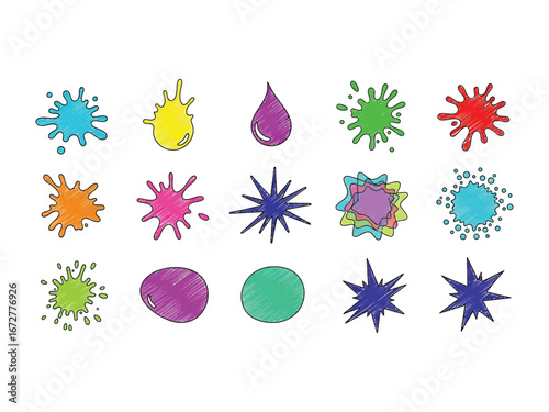 Splash of Color: A vivid assortment of multicolored paint splatters, droplets, and bursts come alive in a display of abstract artistry. Capturing the pure essence of creativity and expression.