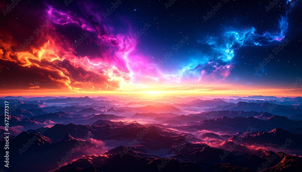 Fototapeta premium Colored Nebulae Flowing Over Horizon