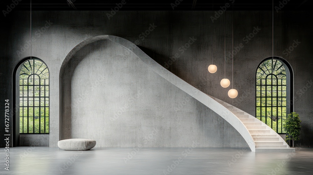 Obraz premium Modern concrete interior with curved staircase, arched windows, and minimalist seating