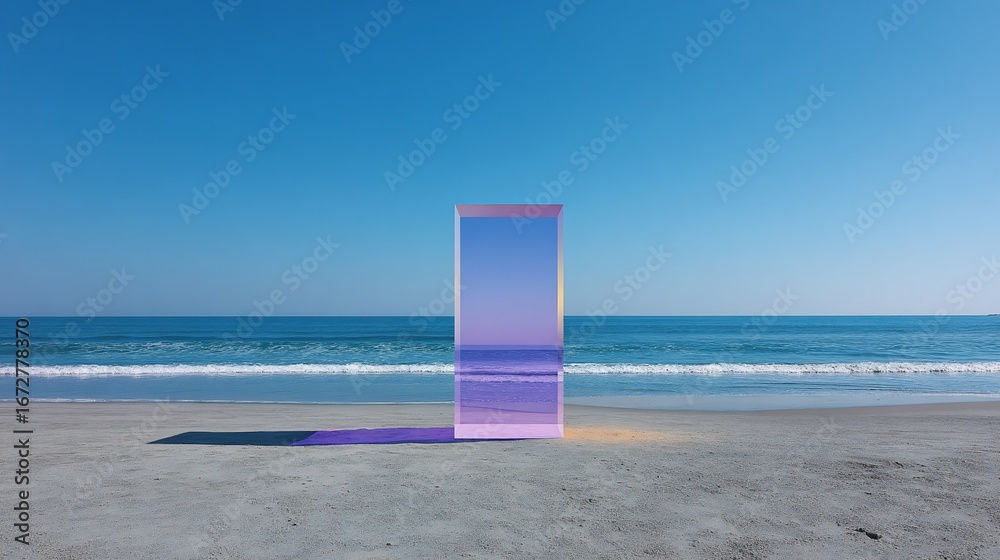 Fototapeta premium Rectangular glass reflects ocean on sandy beach under clear sky