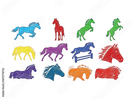 Colorful Horse Variety: A vibrant collection of stylized horses in a variety of dynamic poses, each depicted in a different bold color, inviting creativity and visual interest. 