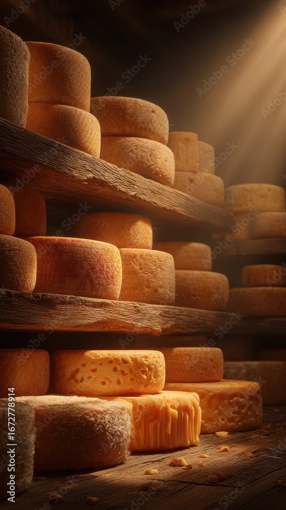 Fototapeta premium Variety of aged cheeses displayed on wooden shelves in a warm, rustic cellar setting during evening light