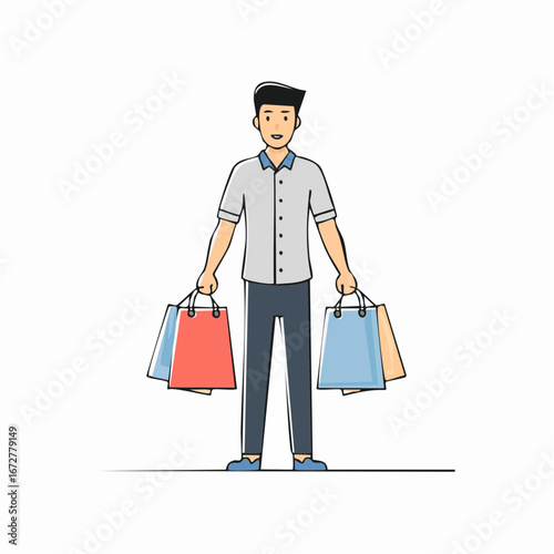 Shopping icon in minimalist vector style. Human silhouette carrying bags, symbol of retail, commerce, and lifestyle design.
