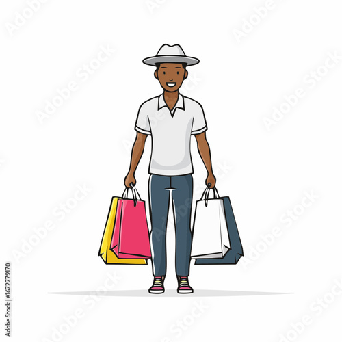 Shopping icon in minimalist vector style. Human silhouette carrying bags, symbol of retail, commerce, and lifestyle design.

