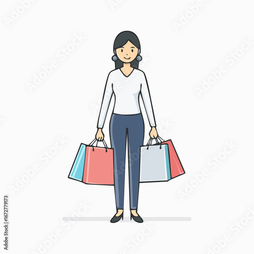Shopping icon in minimalist vector style. Human silhouette carrying bags, symbol of retail, commerce, and lifestyle design.

