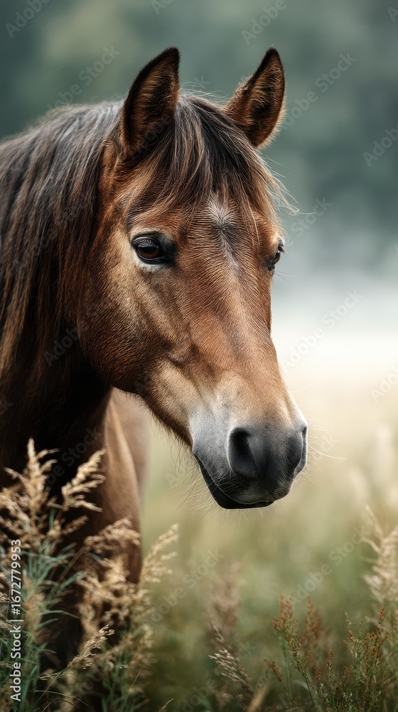Obraz premium Majestic horse gazes thoughtfully in a serene meadow during early morning light