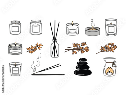 Tranquility Essence: A minimalist, artistic composition showcasing essential aromatherapy elements: aromatic candles, reed diffusers, incense, and balancing stones.