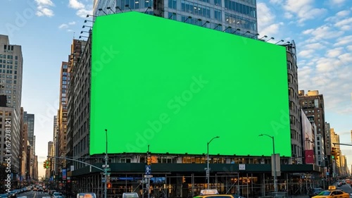 Green screen billboard on building in city street with traffic and skyscrapers in the background view