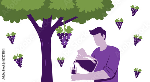 Vineyard Harvesting and Wine Pouring Illustrated in Simplified Decorative Vignette