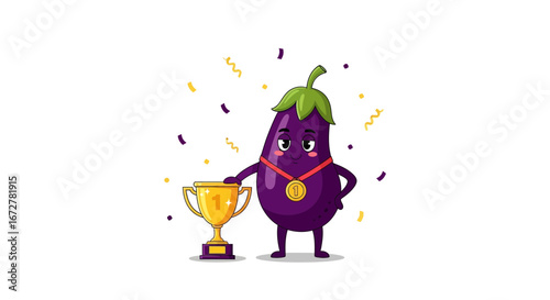 Victorious Animated Eggplant Character Holding a Trophy Celebrates a First Place Win