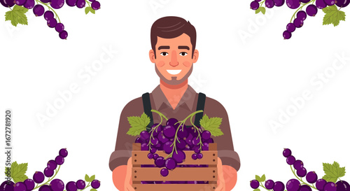 Vineyard Worker Showcases Plentiful Grape Harvest in Wooden Crate with Botanical Details