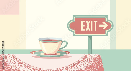 Vintage Cafe Scene With Tea Cup Table And Exit Sign Artistic Illustration Design