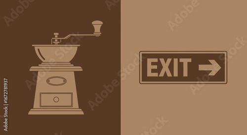 Vintage Coffee Grinder With Exit Sign Indicating Direction Away, Stylish Design