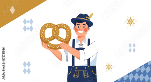 Cheerful German Man Holding Giant Pretzel, Celebrating Oktoberfest with Joy and Style