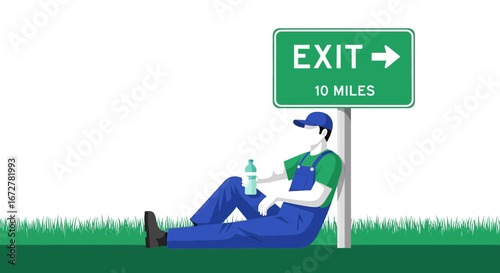 Waiting For The Exit Concept With A Tired Worker And A Sign Indicating The Distance
