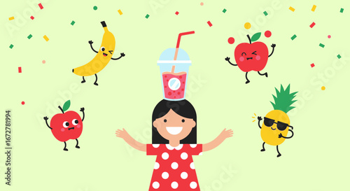 Cheerful Girl Balancing Juice With Fruits While Enjoying the Freshness of a Smoothie