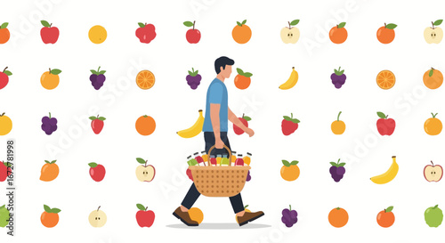 Walking Figure Purchases Assortment Of Fruit From Fresh Produce Market Display