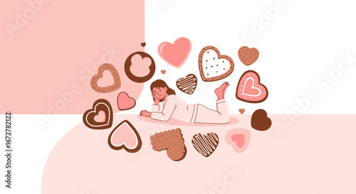 Warm Daydream: A Woman Surrounded by Heart-Shaped Treats and Confectionery Delights