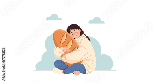 Warm Embrace: Illustration of a Woman Lovingly Clutching a Freshly Baked Loaf of Bread