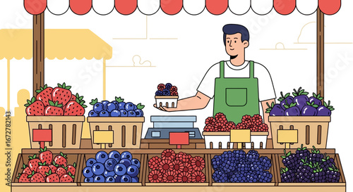 Cheerful Grocer Displaying Fresh, Colorful Berries at Vibrant Farmers Market Stall