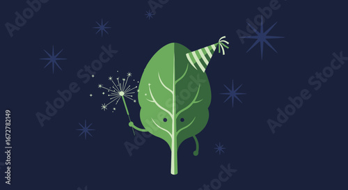 Cheerful Green Leaf Celebration with Party Hat and Sparkler on Dark Blue Backdrop