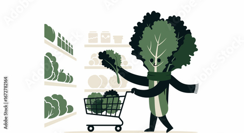 Cheerful Greenery Character Shopping  For Groceries in a Supermarket  Setting