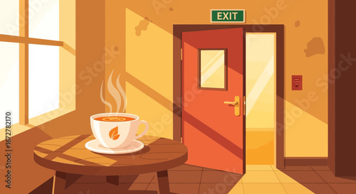 Warm Morning Tea And Exit Door Concept Capturing A Cozy And Inviting Atmosphere