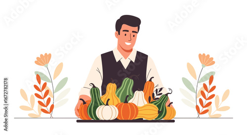 Cheerful Harvest Illustration: A Smiling Man Displaying Variety Of Colorful Gourds